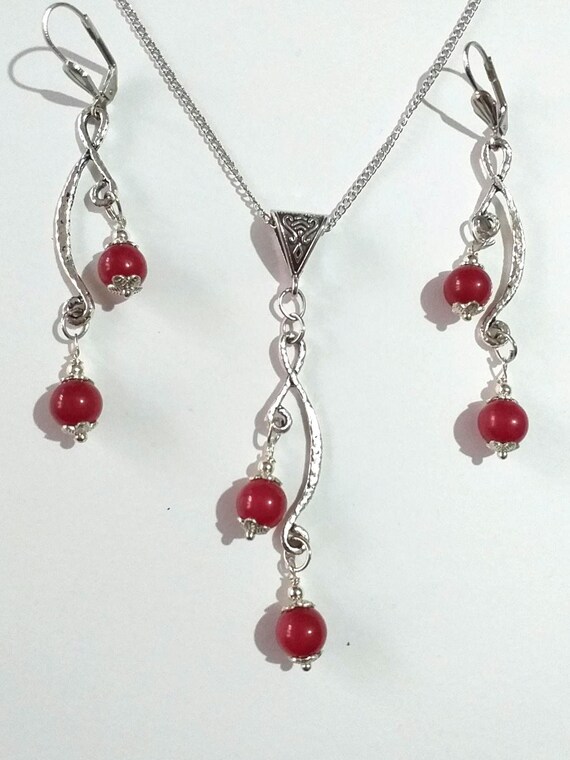 Ruby silver birthstone jewelry set July birthstone set ruby earrings July birthday gift earring and necklace set July jewelry set ruby set