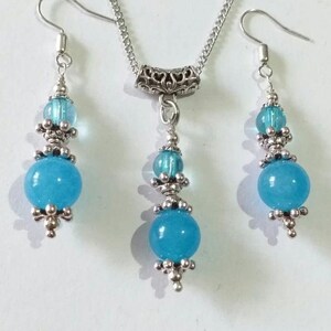 Ensemble de bijoux victorien en quartz bleu argenté, collier, boucles d&#39;oreilles, ensemble bohème, ensemble en argent, ensemble antique, bijoux en quartz bleu de mer, coffret cadeau, bijoux en quartz
