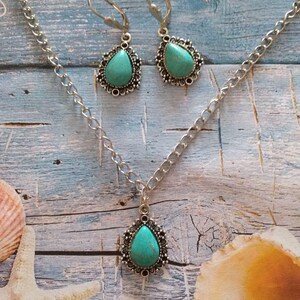 Turquoise silver Victorian jewelry set necklace earrings Boho earrings Silver turquoise pendant set turquoise necklace turquoise earrings image 1