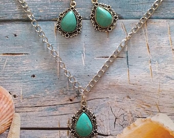 Turquoise silver Victorian jewelry set necklace earrings Boho earrings Silver turquoise pendant set turquoise necklace turquoise earrings