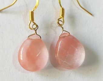 gold Cherry Rose quartz earrings Victorian earrings Boho teardrops earrings Bohemian Gold pink Cherry Quartz earrings rose pink wedding gift