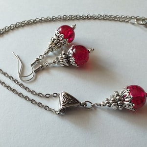 Silber Schmuck-Set Rubinrot-Set Halskette Ohrringe Viktorianisches Schmuck-Set Boho-Set Silber Anhänger-Set Vintage-Stil Set Rotes Schmuck-Set