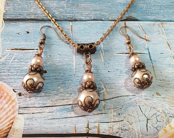Victorian pearl copper jewelry set bohemian jewelry set earrings necklace Boho set rose pearl set antique set bridal jewelry set gift set