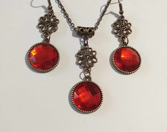 Victorian ruby red bronze jewelry set red set necklace earrings Boho jewelry set faux crystal vintage ruby red set gift for her