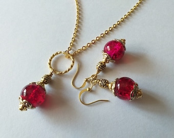 Gold jewelry set Ruby red set necklace earrings Victorian jewelry set Bohemian set gold tone set Vintage style set Red jewelry set Boho set