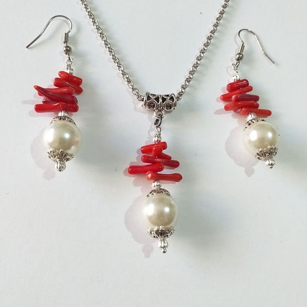 Red Coral Pearl silver jewelry set Boho jewelry set Victorian jewelry set Bohemian Coral pearl jewelry set coral set red earrings bridal set