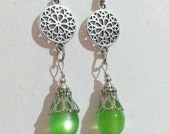 Emerald Green silver earrings Victorian earrings Bohemian earrings Silver Boho earrings green lomg dangle earrings gift for her birthday