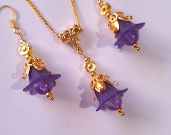 Purple flower gold Victorian jewelry set lavender flower set necklace earrings Purple flower jewelry set Boho jewelry gold purple earrings