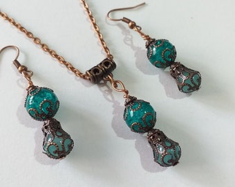 Victorian Copper Green Blue jewelry set Copper set earrings necklace Bohemian set Boho jewelry set filigree jewelry set antique jewelry set