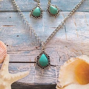 Turquoise silver Victorian jewelry set necklace earrings Boho earrings Silver turquoise pendant set turquoise necklace turquoise earrings image 7