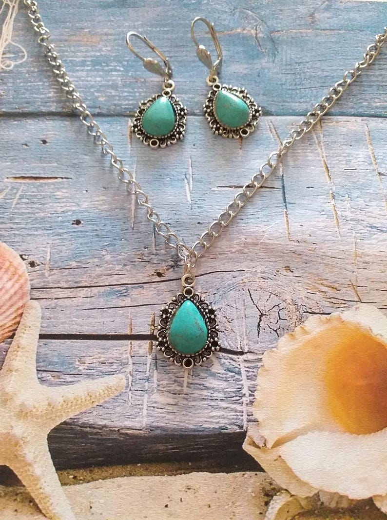 Turquoise silver Victorian jewelry set necklace earrings Boho earrings Silver turquoise pendant set turquoise necklace turquoise earrings image 7