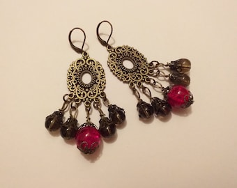 Victorian earrings bronze earrings red smoked quartz earrings Boho Earrings Bohemian earrings antique earrings Filigree earring chandelier