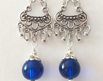 Victorian Kobalt Blau Silber Ohrringe Blaue Ohrringe Boho Silber Ohrringe Antike Ohrringe Barock Geschenk für sie lange Kronleuchter Ohrringe