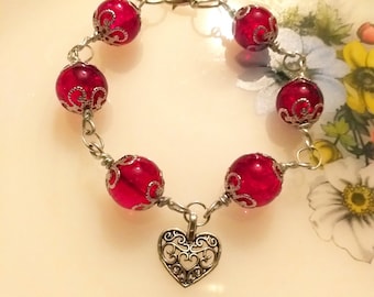 silver bracelet Victorian bracelet Charm bracelet Boho bracelet Red beads bracelet Heart charm bracelet filigree bracelet red bracelet gift