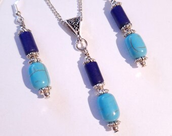 Conjunto de joyas de plata turquesa, collar y pendientes, conjunto de joyas victorianas de color azul índigo claro, conjunto de plata boho, joyas de turquesa, pendientes de turquesa
