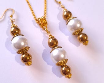 Gold Victorian pearl Hematite jewelry set gold hematite set necklace and earrings Bohemian jewelry set Antique style set pearl gift set