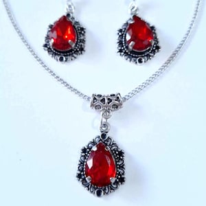 Victorian Rubin rot Silber Schmuck Set Rubin rot Halskette Ohrringe Victorian Schmuck Boho Set Vintage Style Set Rotes Schmuckset
