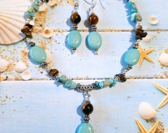 Turquoise Tiger's eye Silver jewelry set necklace earrings bracelet Victorian set Boho set Turquoise jewelry gift set tiger's eye jewelry