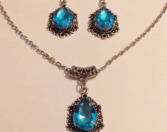 Silber Schmuck-Set Blau Set Halskette Ohrringe Viktorianischen Schmuck Boho-Set Silber Anhänger Set Vintage-Stil Set Blau Schmuck-Set