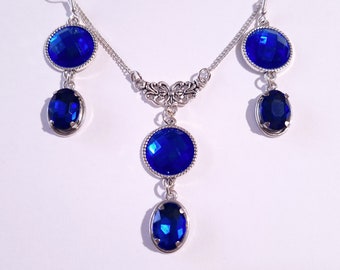 Ensemble de bijoux victorien bleu royal en argent bleu foncé, collier, boucles d'oreilles Ensemble de bijoux victorien, ensemble bohème de style vintage, ensemble de bijoux en cobalt