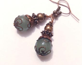 Jade earrings copper earrings Victorian earrings filigree earrings Boho Earrings Bohemian earrings Nephrite earrings vintage earrings gift