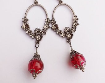 red earrings silver earrings Victorian earrings Boho Earrings Bohemian graphit red earrings Ruby red earrings long earring dangle chandelier