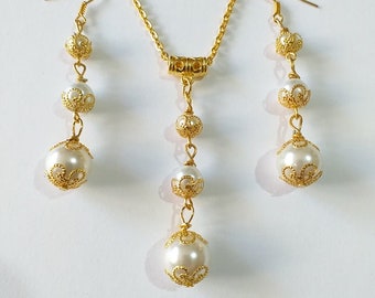 Gold pearl Victorian jewelry set Wedding gold set necklace earrings gold Boho jewelry set Bridal pearl jewelry set Gift pearl set earrings