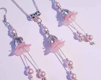 Pink pearl Silver flower jewelry set Victorian flower set necklace earrings rose pink flower jewelry set Boho Silver set pearl gift set