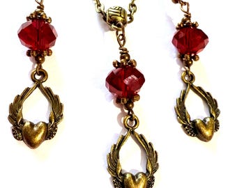 Conjunto de joyas de cristal rojo rubí, conjunto de collar y pendientes de cristal rojo sangre, conjunto de joyas de bronce victoriano con corazón, conjunto de joyas rojas, joyería gótica bohemia