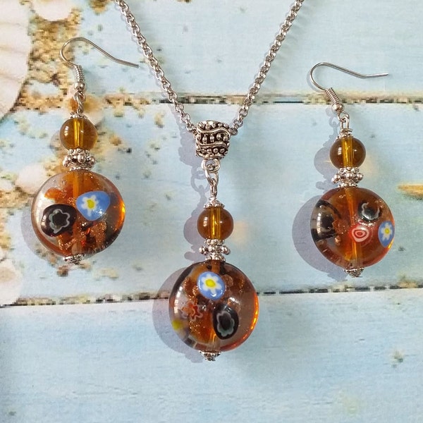 Brown Murano silver set necklace earrings Victorian Murano brown millefiori glass jewelry set Bohemian set Boho jewelry set handmade glass