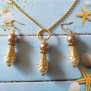 Gold set Victorian pearl jewelry set filigree gold set necklace and earrings Boho jewelry set Antique style set vintage jewelry Gift set