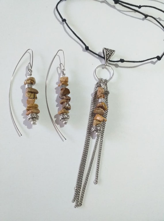 Brown Jasper Silver jewelry set earrings and necklace Boho jewelry set brown Jasper jewelry earrings brown earrings boho jewelry jasper set
