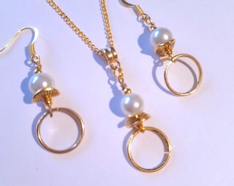 Pearl Gold jewelry hoop set pearls gold set necklace and earrings Boho crystal white pearl jewelry set Antique style set Gift set for her