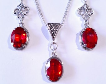 Victorian Ruby red Silver jewelry set Ruby red set necklace earrings Victorian jewelry set Bohemian set Vintage style set Red jewelry set