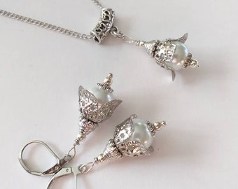 Perle Silber Blume Schmuck-Set Halskette Ohrringe Hochzeit Schmuck-Set viktorianischen Schmuck-Set Boho-Set Braut Set Perlen Geschenk für sie