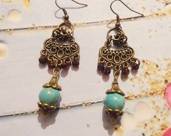 Turquoise earrings Victorian earrings bronze earrings chandelier earrings Boho Earrings Bohemian earrings Filigree earrings antique earrings