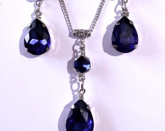 Victoriaans koningsblauw zilveren sieraden set donkerblauwe set ketting oorbellen Victoriaanse sieraden set boho set vintage stijl kobalt sieraden set