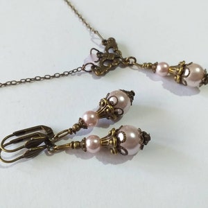 Victorian rose pearl bronze jewelry set bohemian jewelry set earrings necklace Boho set pearl set vintage set antique set bridal jewelry set