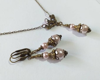 Victorian rose pearl bronze jewelry set bohemian jewelry set earrings necklace Boho set pearl set vintage set antique set bridal jewelry set