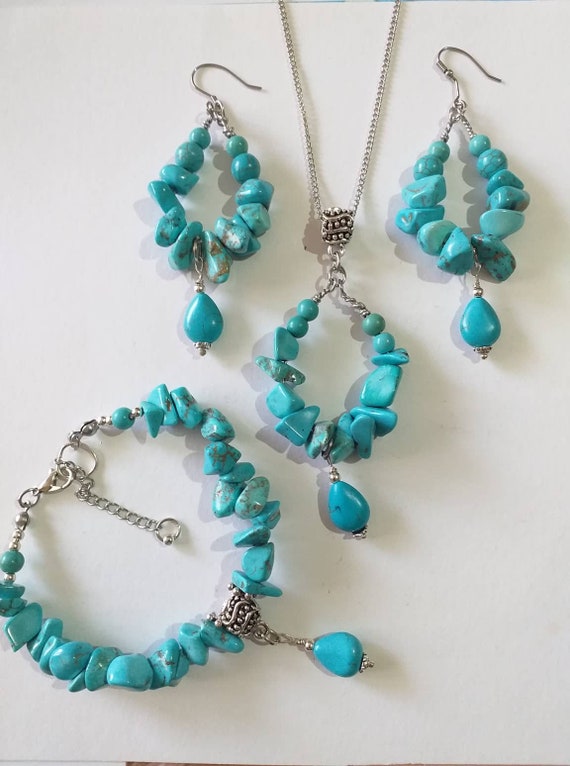 Boho Turquoise Silver jewelry set necklace earrings bracelet Victorian set Bohemian set Turquoise jewelry gift for her turquoise earrings