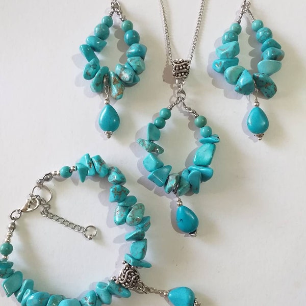 Boho Turquoise Silver jewelry set necklace earrings bracelet Victorian set Bohemian set Turquoise jewelry gift for her turquoise earrings