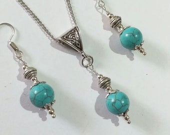 Conjunto de joyas de plata turquesa, collar, pendientes, conjunto de joyas victorianas, conjunto bohemio, conjunto de plata, conjunto de regalo de joyas de turquesa de estilo vintage