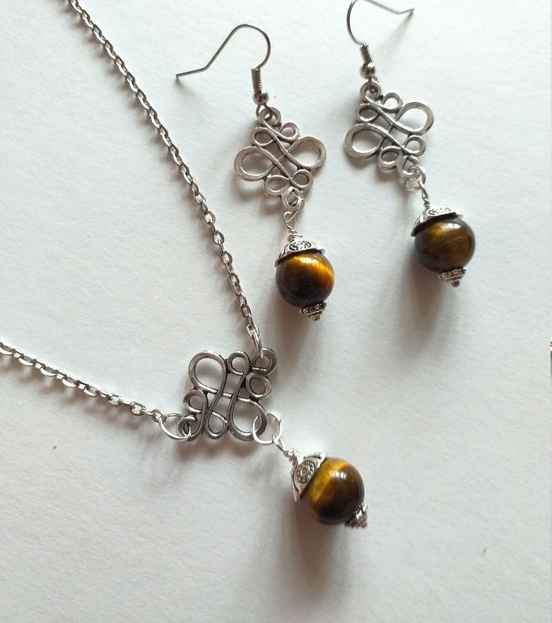 Tiger's eye Silver jewelry set earrings and necklace Victorian jewelry set Boho jewelry set tiger eye jewelry long earrings brown earrings image 5