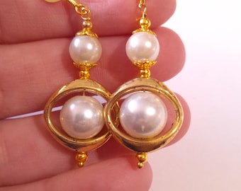 Pearl Gold white earrings gold set necklace and earrings Boho white crystal pearl gold hoop pearl earrings Modern  large pearl earrings gift