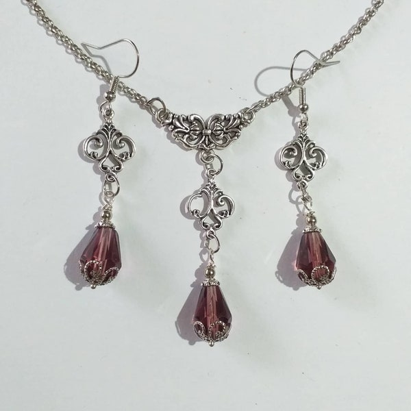 Ensemble de bijoux victoriens en argent bordeaux, collier boucles d'oreilles, ensemble de bijoux bohème, ensemble bohème en filigrane d'argent, ensemble de style vintage, bijoux cadeaux