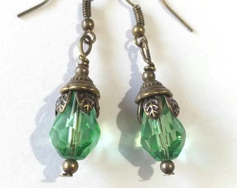 Emerald Green Teardrop Earrings: Victorian Bronze Boho Jewelry