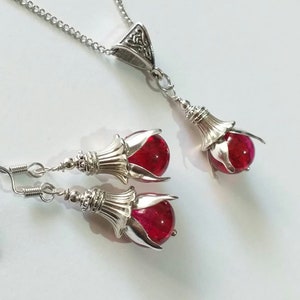 Rubinrot Silber Schmuckset Halskette Ohrringe Viktorianischer Schmuck Boho-Set Vintage-Stil Schmuckset Roter Schmuck-Set Geschenk für ihren roten Schmuck