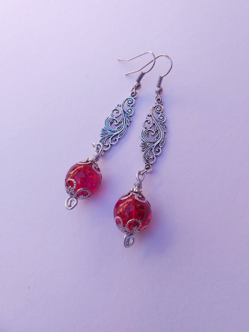 red earrings silver earrings Victorian filigree earrings Gypsy style silver Boho Earrings Bohemian silver red earrings Ruby red earrings