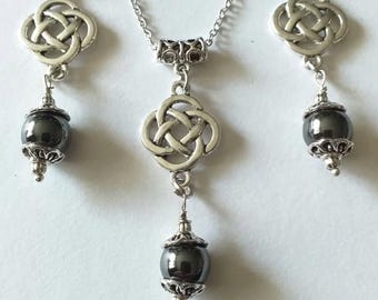 Hematite Victorian jewelry set silver jewelry set Hematite Celtic love knot boho set hematite earrings hematite necklace hematite jewelry
