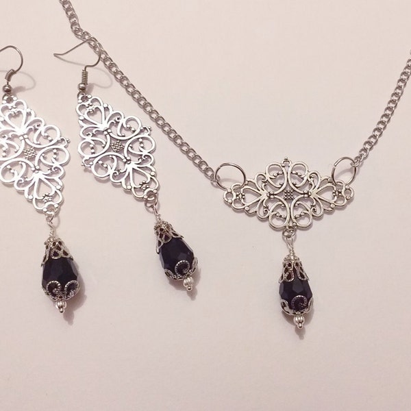 Silver jewelry set Black Crystal set necklace earrings Victorian jewelry set Bohemian set Silver pendant  set Vintage set Black jewelry set